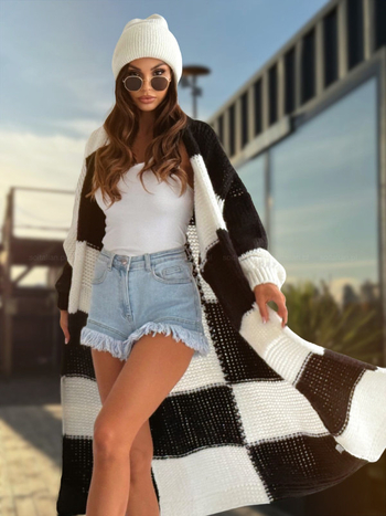 женски плетен кардиган пуловер, дълъг свободен силует, V-образно деколте, кариран модел, смес памук и полиестер