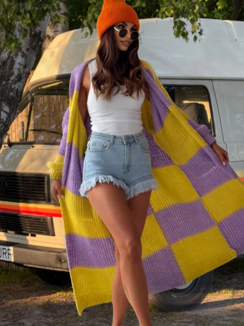 женски плетен кардиган пуловер, дълъг свободен силует, V-образно деколте, кариран модел, смес памук и полиестер