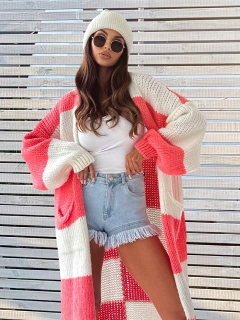 женски плетен кардиган пуловер, дълъг свободен силует, V-образно деколте, кариран модел, смес памук и полиестер