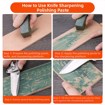 Πάστα ακονίσματος μαχαιριών με κερί γυαλισμού σε καθρέφτη, μπλοκ κεριού και λάδι ακονίσματος για μαχαίρια κοπής και δέρματος