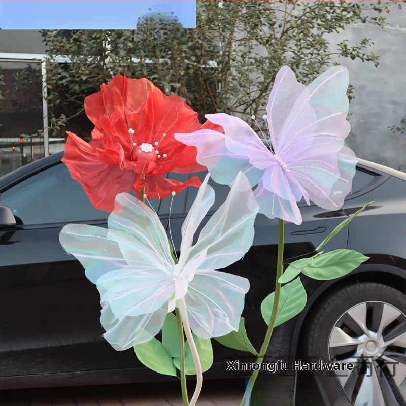 Ръчно изработен реквизит за фотосесия на открито, с изкуствени копринени и мрежести цветя, украса за сватба с пеперуди