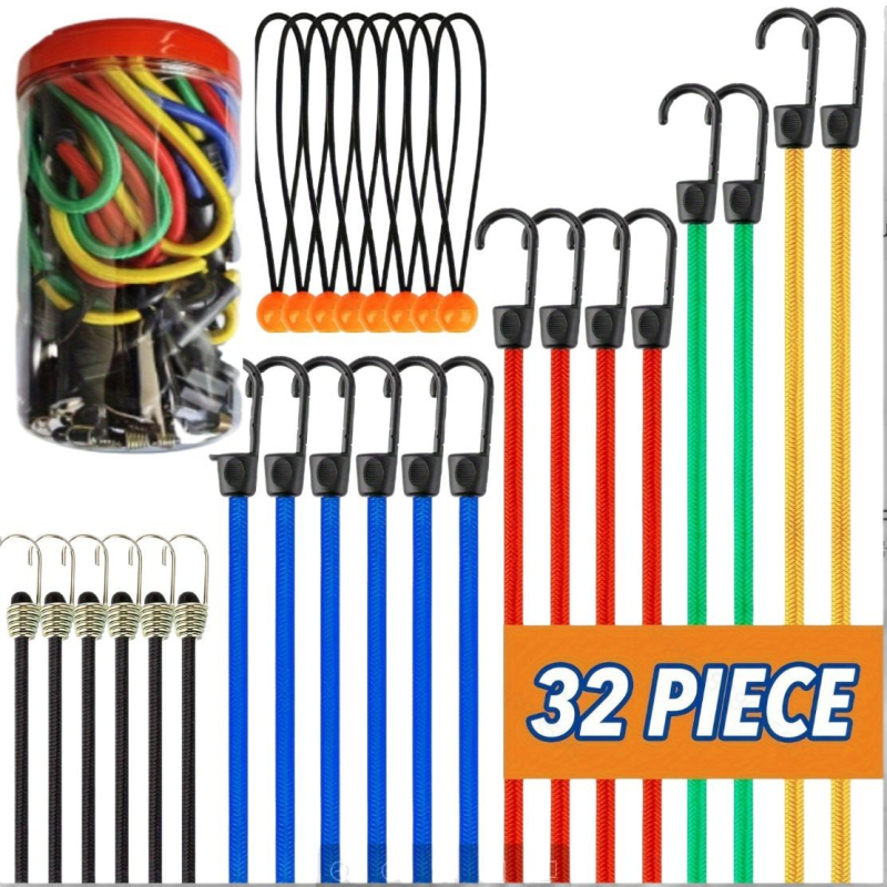 Wanying Комплект еластични въжета за багаж и екипировка – носимост 50 кг; полипропиленово влакно с гумено филаментно влакно; включва 1,35 м планинско въже с катарама, 30 комплекта багажни въжета, 10×25 см мини латексни въжета 4 мм, 32 барабанни въжета