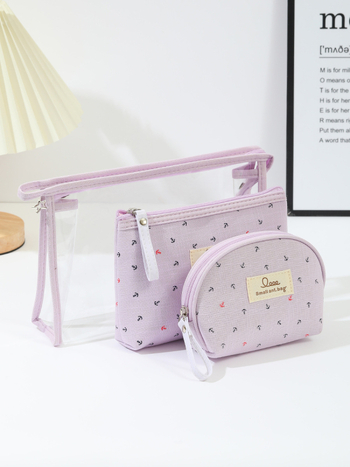 Комплект козметични чанти три в едно с модел котва, прозрачен PVC, водоустойчива пътна чанта за тоалетни принадлежности, разделение сухо/мокро, подплата полиестер.