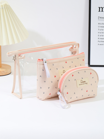 Комплект козметични чанти три в едно с модел котва, прозрачен PVC, водоустойчива пътна чанта за тоалетни принадлежности, разделение сухо/мокро, подплата полиестер.