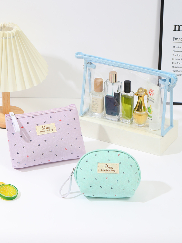 Set de machiaj trei în unu, cu model ancoră, PVC transparent, geantă de voiaj impermeabilă pentru cosmetic, compartiment uscat/umed, căptușeală din poliester.