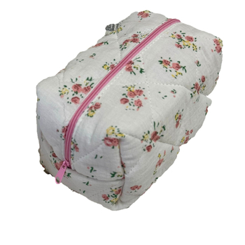 Козметична чанта с принт на сладко меченце, квилиран дизайн, плат, подплата, дишаща, ултралека и разширяваща се за ежедневна употреба