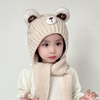 Vaikų žieminė kepurė su ausų apsauga ir integruotu šaliku, medvilninė megzta kepurė su kupolu, 2–10 metų, 71–80% medvilnė, mielas gaivus stilius