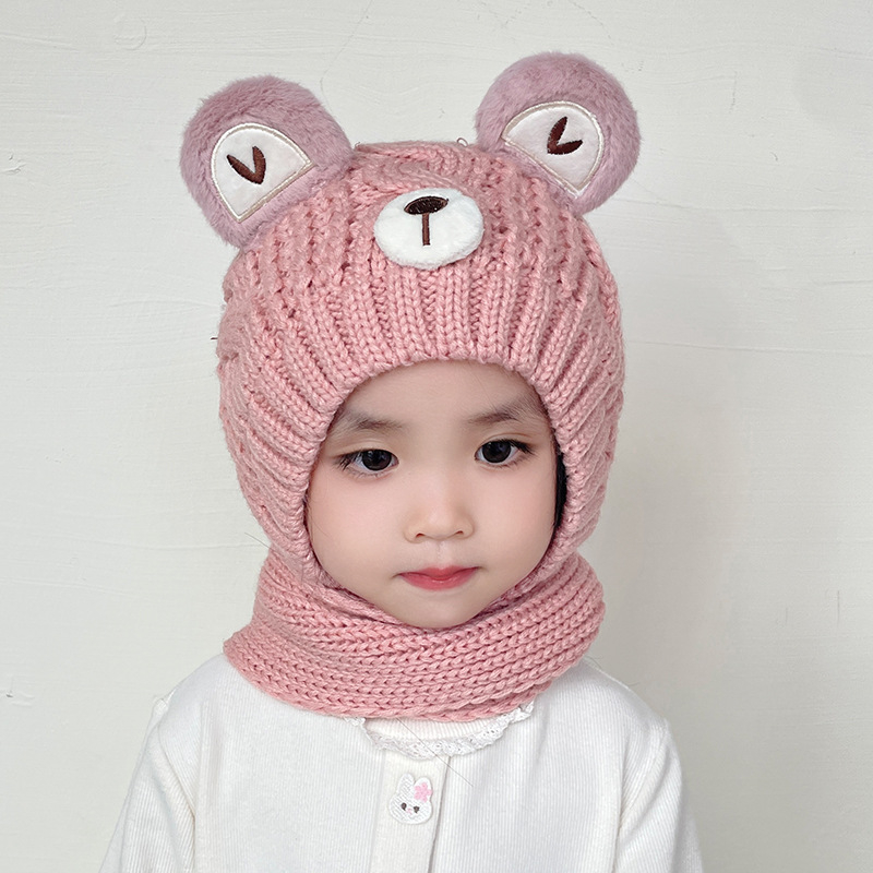 Vaikų žieminė kepurė su ausų apsauga ir integruotu šaliku, medvilninė megzta kepurė su kupolu, 2–10 metų, 71–80% medvilnė, mielas gaivus stilius