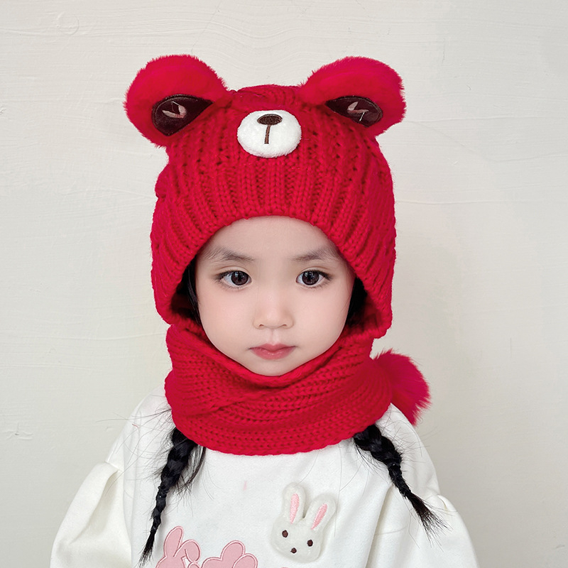 Vaikų žieminė kepurė su ausų apsauga ir integruotu šaliku, medvilninė megzta kepurė su kupolu, 2–10 metų, 71–80% medvilnė, mielas gaivus stilius