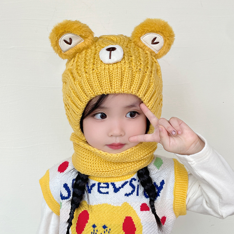 Vaikų žieminė kepurė su ausų apsauga ir integruotu šaliku, medvilninė megzta kepurė su kupolu, 2–10 metų, 71–80% medvilnė, mielas gaivus stilius