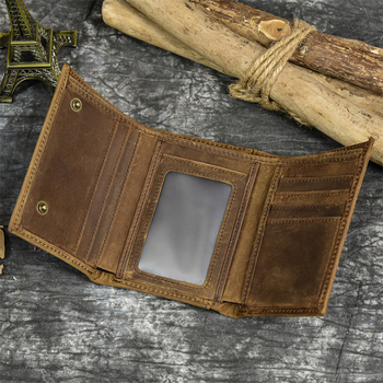 Мъжки кожен портфейл с три сгъвания, Crazy Horse кожа, първи слой телешка кожа, анти-крадба, полиестерна подплата