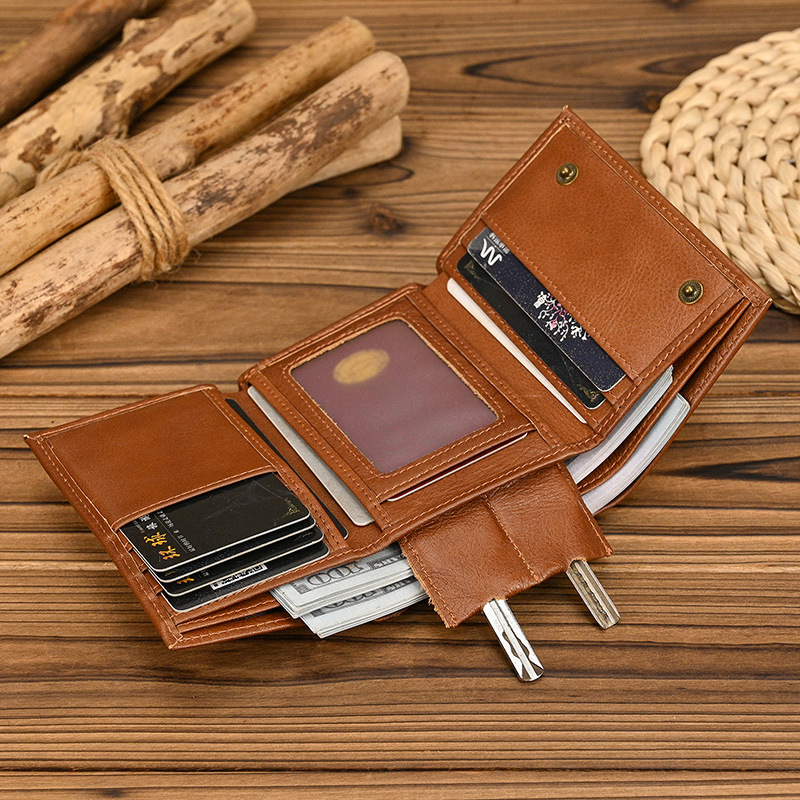 Muški novčanik od prave kože, tri-fold, Crazy Horse koža, prvi sloj kravljeg kože, zaštita od krađe, poliester podstava