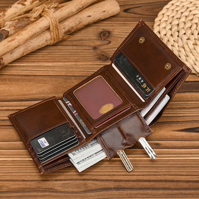 Muški novčanik od prave kože, tri-fold, Crazy Horse koža, prvi sloj kravljeg kože, zaštita od krađe, poliester podstava