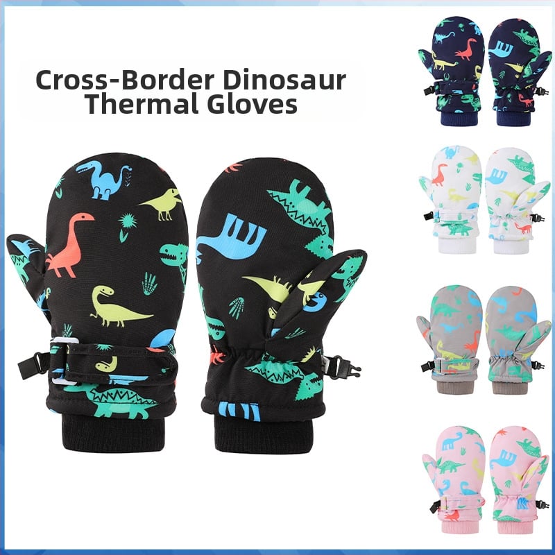 Slēpošanas cimdi ar dinosaura karikatūras rakstu, poliestera šķiedra ar pārklājumu, drukāšana, siltas