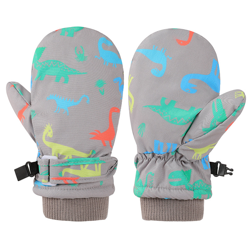 Slidinėjimo pirštinės su dinozauro karikatūriniu raštu, poliesterio pluoštas su danga, spausdinimas, šilta