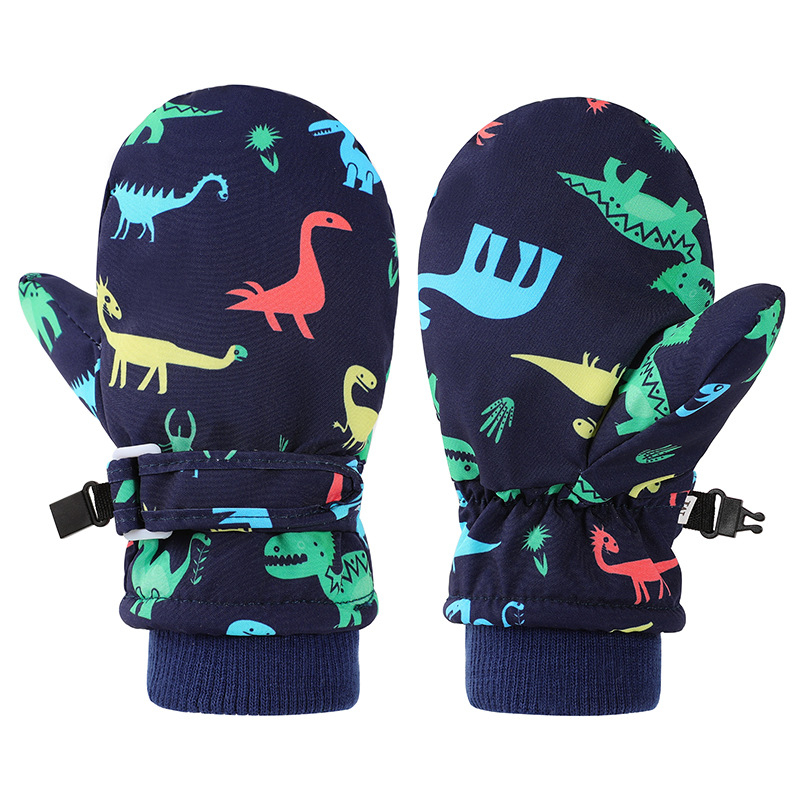 Slidinėjimo pirštinės su dinozauro karikatūriniu raštu, poliesterio pluoštas su danga, spausdinimas, šilta