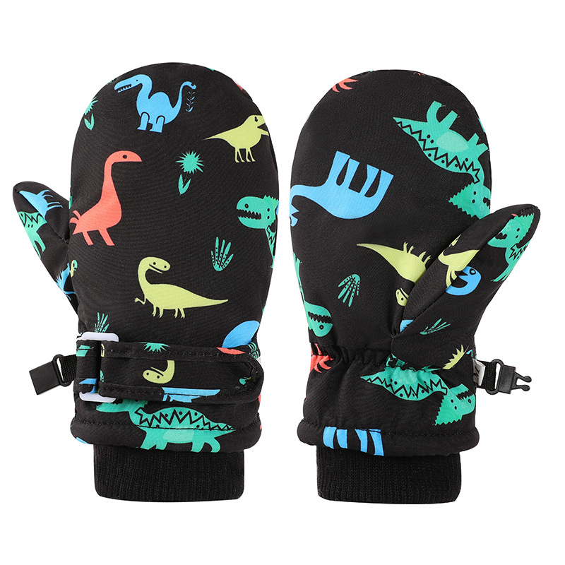 Slidinėjimo pirštinės su dinozauro karikatūriniu raštu, poliesterio pluoštas su danga, spausdinimas, šilta