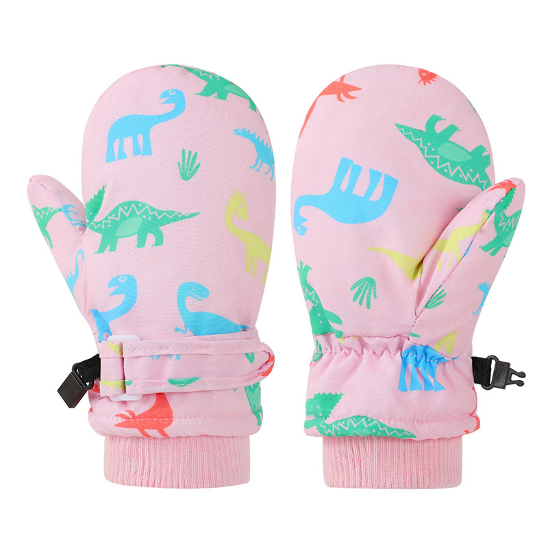 Slidinėjimo pirštinės su dinozauro karikatūriniu raštu, poliesterio pluoštas su danga, spausdinimas, šilta