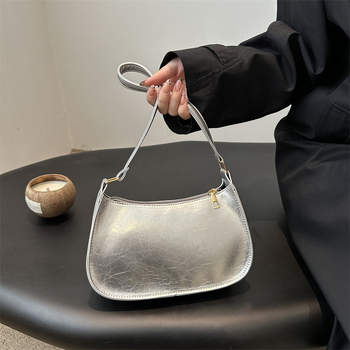 Улична чанта багет, PU материал, ретро стил, хоризонтална квадратна форма, ципово затваряне, единична презрамка, лято 2025