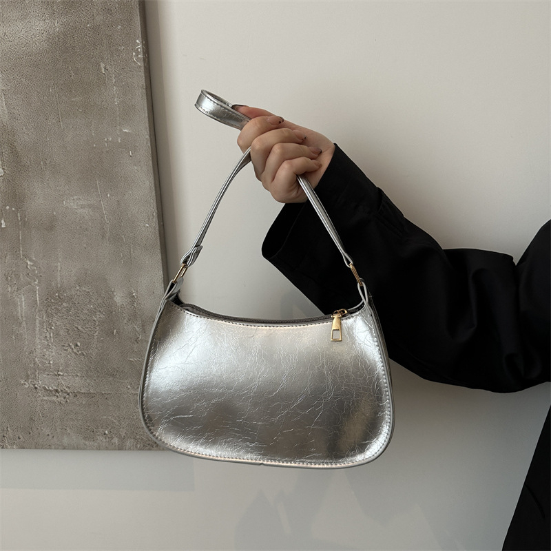 Улична чанта багет, PU материал, ретро стил, хоризонтална квадратна форма, ципово затваряне, единична презрамка, лято 2025