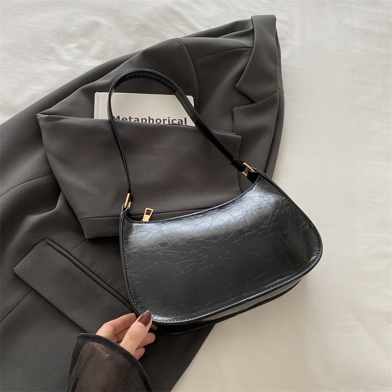 Улична чанта багет, PU материал, ретро стил, хоризонтална квадратна форма, ципово затваряне, единична презрамка, лято 2025