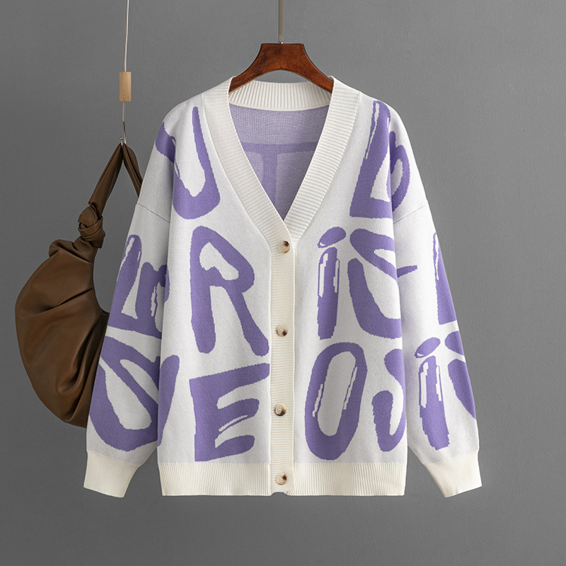 Női betűs jacquard kardigán, core-spun fonalból, viszkóz, V-nyakú, hosszú ujjú