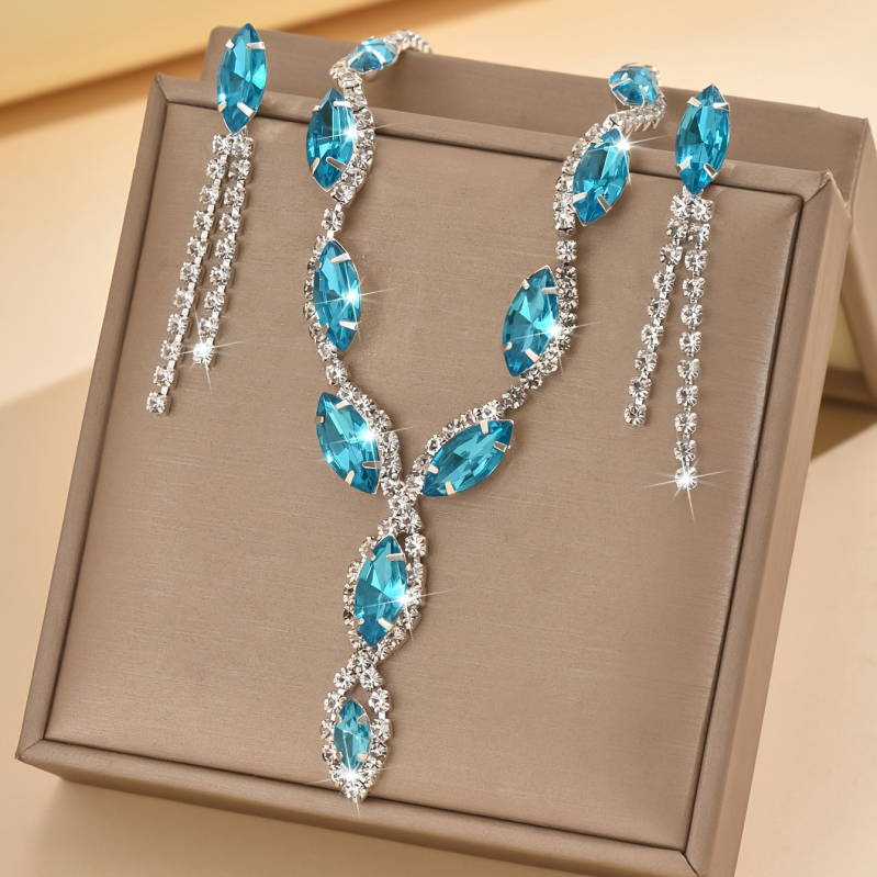 Set de cercei și colier pentru femei, cu ciucuri ochi de cal și cristale – pandantiv din cristale, lanț drept, forme inimă/picătură/clopot