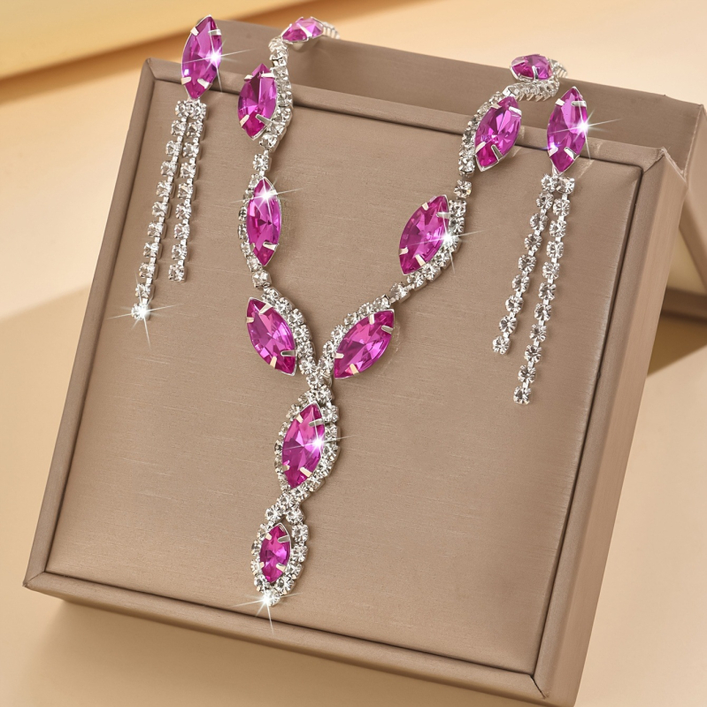 Set de cercei și colier pentru femei, cu ciucuri ochi de cal și cristale – pandantiv din cristale, lanț drept, forme inimă/picătură/clopot