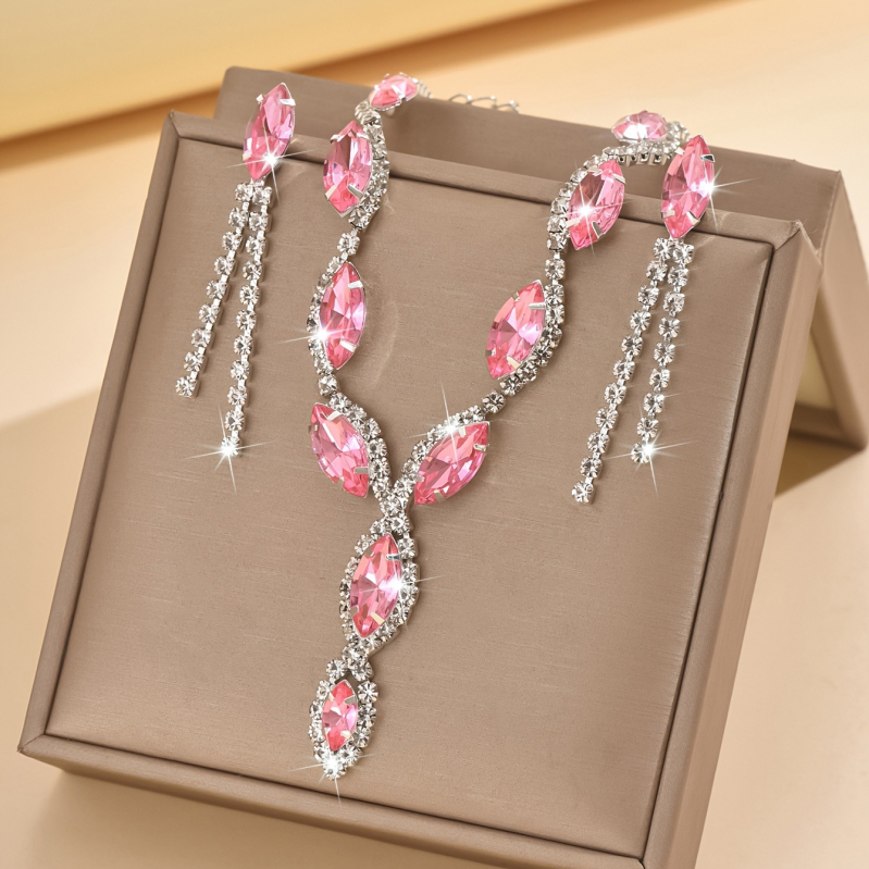 Set de cercei și colier pentru femei, cu ciucuri ochi de cal și cristale – pandantiv din cristale, lanț drept, forme inimă/picătură/clopot