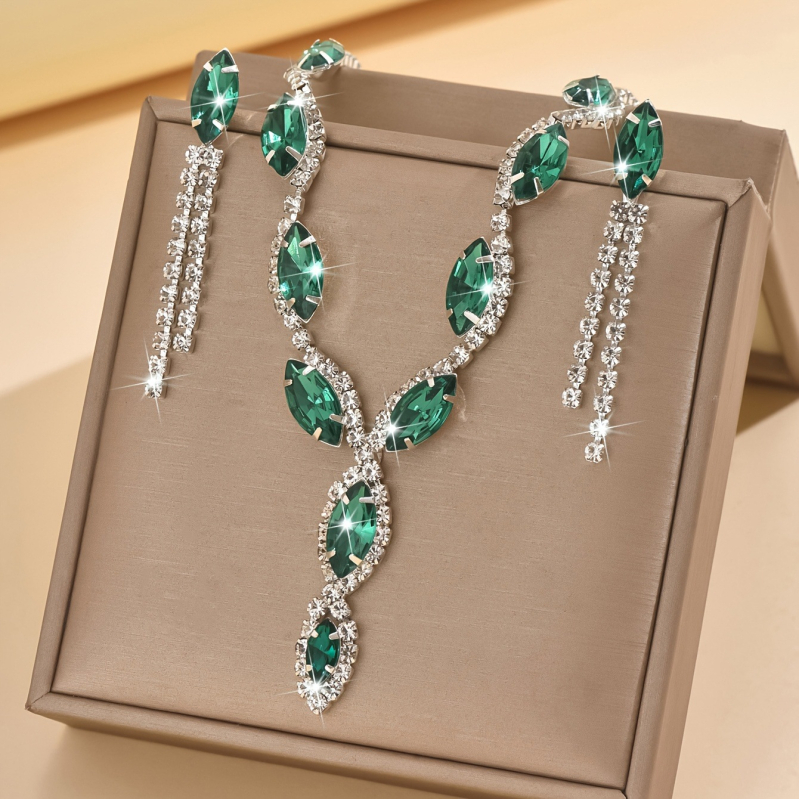 Set de cercei și colier pentru femei, cu ciucuri ochi de cal și cristale – pandantiv din cristale, lanț drept, forme inimă/picătură/clopot