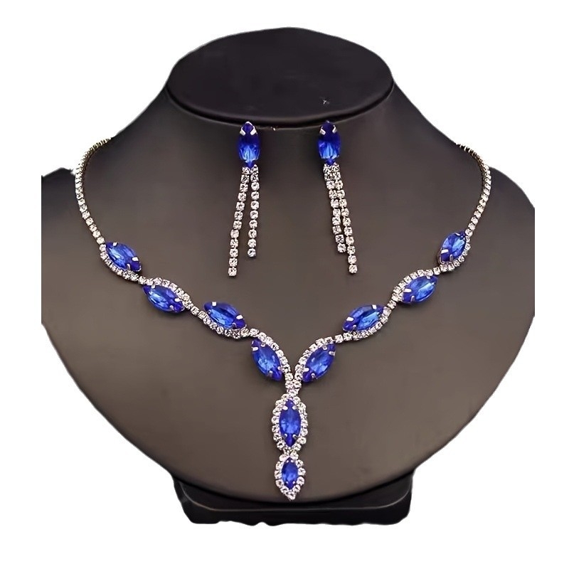 Set de cercei și colier pentru femei, cu ciucuri ochi de cal și cristale – pandantiv din cristale, lanț drept, forme inimă/picătură/clopot