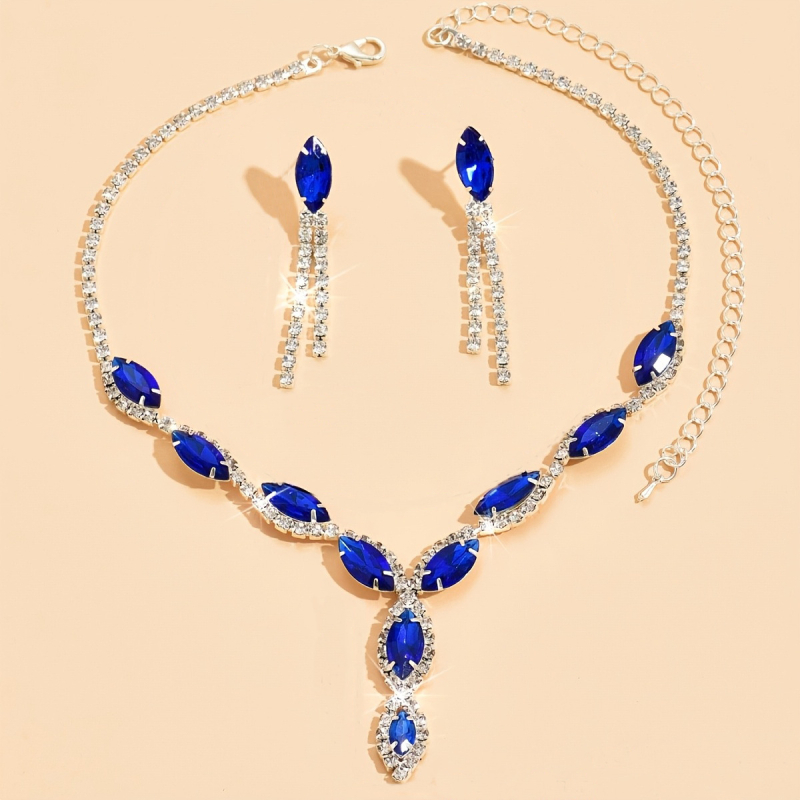 Set de cercei și colier pentru femei, cu ciucuri ochi de cal și cristale – pandantiv din cristale, lanț drept, forme inimă/picătură/clopot