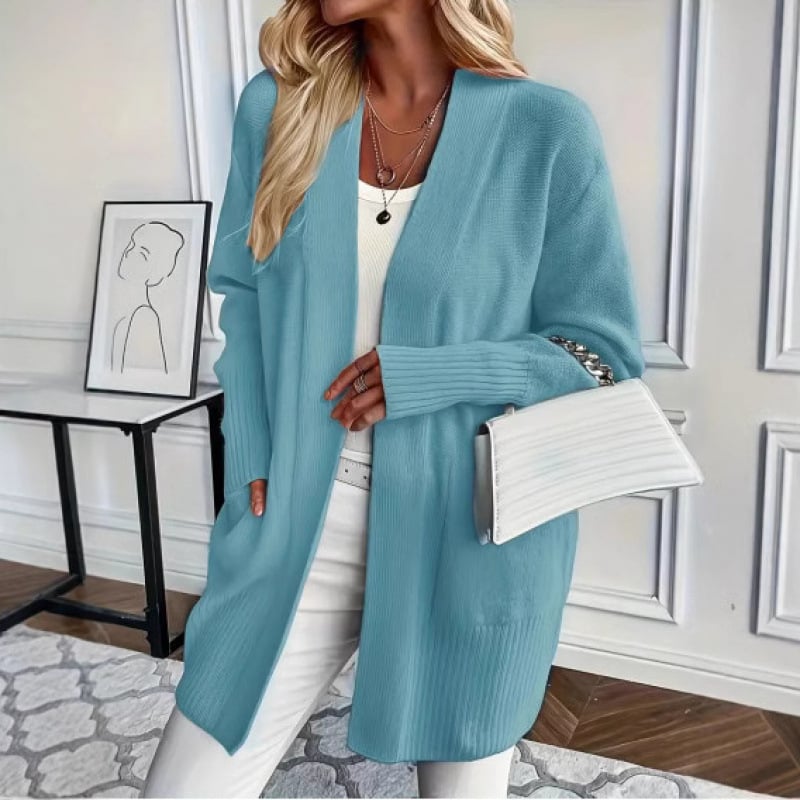 Rayon kardigán zsebekkel, V-nyakú, hosszú ujjú, közepes hosszúságú