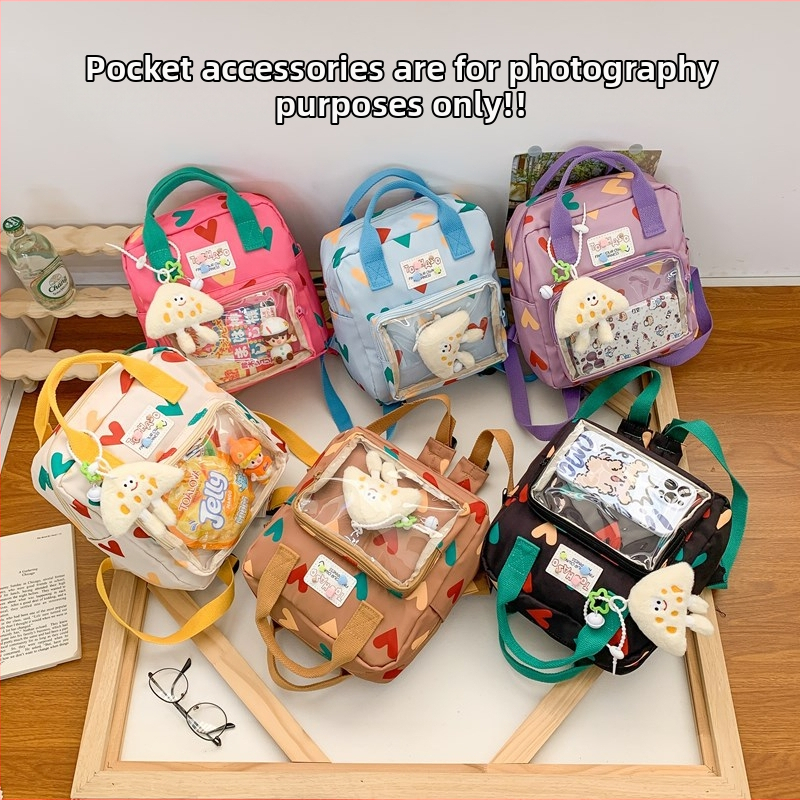 Rucsac unisex pentru grădiniță cu fereastră transparentă, model inimă, țesătură PVC compozit respirabil, căptușeală poliester