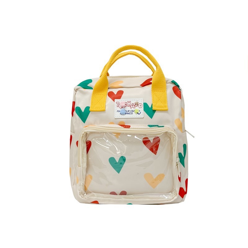 Rucsac unisex pentru grădiniță cu fereastră transparentă, model inimă, țesătură PVC compozit respirabil, căptușeală poliester