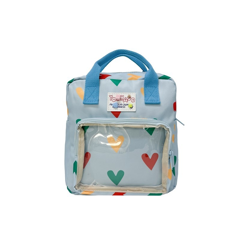 Rucsac unisex pentru grădiniță cu fereastră transparentă, model inimă, țesătură PVC compozit respirabil, căptușeală poliester