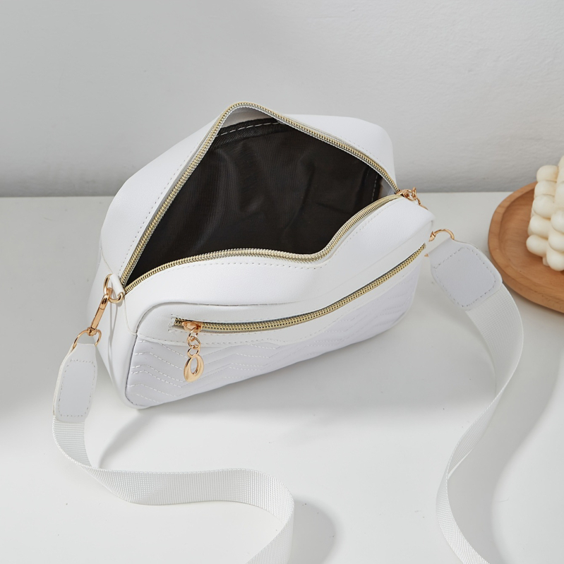 PU odos crossbody krepšys, užtrauktukas, horizontali kvadrato forma, tamsus tinklo vidus, sintetinės odos įdaila