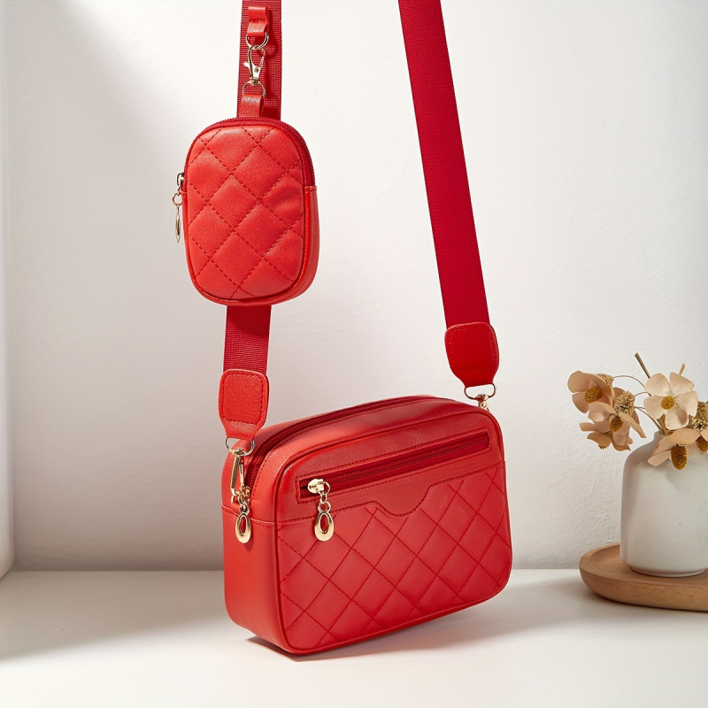 PU ādas crossbody somiņa, rāvējslēdzējs, horizontāla kvadrāta forma, tumša režģa iekšējais dizains, sintētiskās ādas oderes