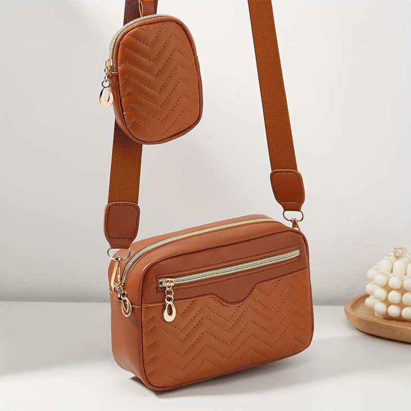 PU ādas crossbody somiņa, rāvējslēdzējs, horizontāla kvadrāta forma, tumša režģa iekšējais dizains, sintētiskās ādas oderes