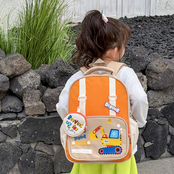 Ghiozdan pentru copii cu excavator – exterior din nylon, căptușeală poliester, curea cu pernă de aer, model anime, reduce încărcătura și protejează coloana vertebrală