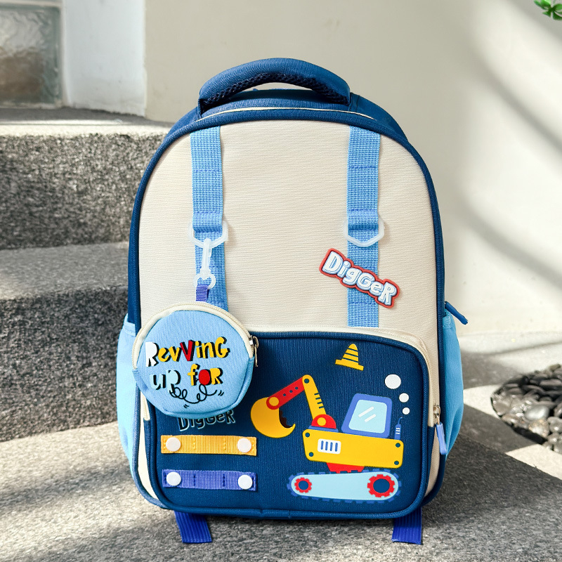 Ghiozdan pentru copii cu excavator – exterior din nylon, căptușeală poliester, curea cu pernă de aer, model anime, reduce încărcătura și protejează coloana vertebrală
