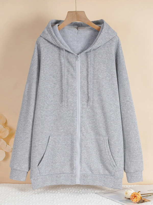 Moteriškas megztinis su gobtuvu, užtrauktuku ir raištelių detale, ilgomis rankovėmis, vidutinio ilgio, rudens 2025 kolekcija, poliesterio-spandekso megztinis su vilnos tekstūra, japoniško-korejiško laisvalaikio stilius