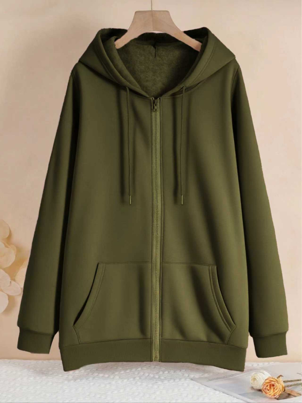 Moteriškas megztinis su gobtuvu, užtrauktuku ir raištelių detale, ilgomis rankovėmis, vidutinio ilgio, rudens 2025 kolekcija, poliesterio-spandekso megztinis su vilnos tekstūra, japoniško-korejiško laisvalaikio stilius