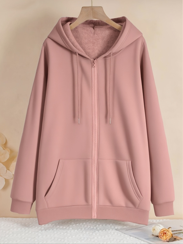 Moteriškas megztinis su gobtuvu, užtrauktuku ir raištelių detale, ilgomis rankovėmis, vidutinio ilgio, rudens 2025 kolekcija, poliesterio-spandekso megztinis su vilnos tekstūra, japoniško-korejiško laisvalaikio stilius