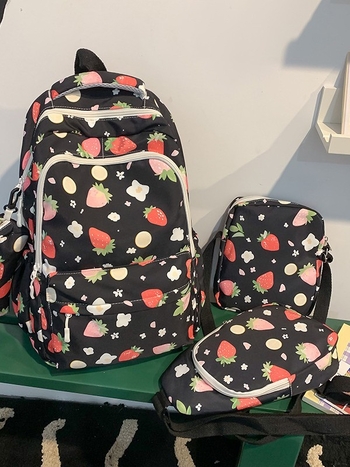 Σχολικό σακίδιο με σχέδιο φράουλας, ύφασμα Oxford, κυρτές ιμάνες, συμβατό με φορητό έως 10 ιντσών, ελαφρύς σχεδιασμός μείωσης βάρους