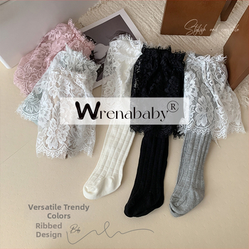 Παιδικές κάλτσες-φούστα με δαντέλα και σχέδιο bamboo-joint, ψηλή μέση, ύφασμα από βαμβάκι-μίγμα (85% βαμβάκι), άνοιξη-φθινόπωρο, χωρίς άνοιγμα στις περιοχές, σε κορεατικό στυλ, για παιδιά 3–8 ετών