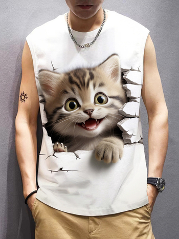 Ανδρικό φανελάκι χωρίς μανίκια με 3D ψηφιακή εκτύπωση, στρογγυλή λαιμόκοψη, καλοκαίρι, αναπνεύσιμο ύφασμα