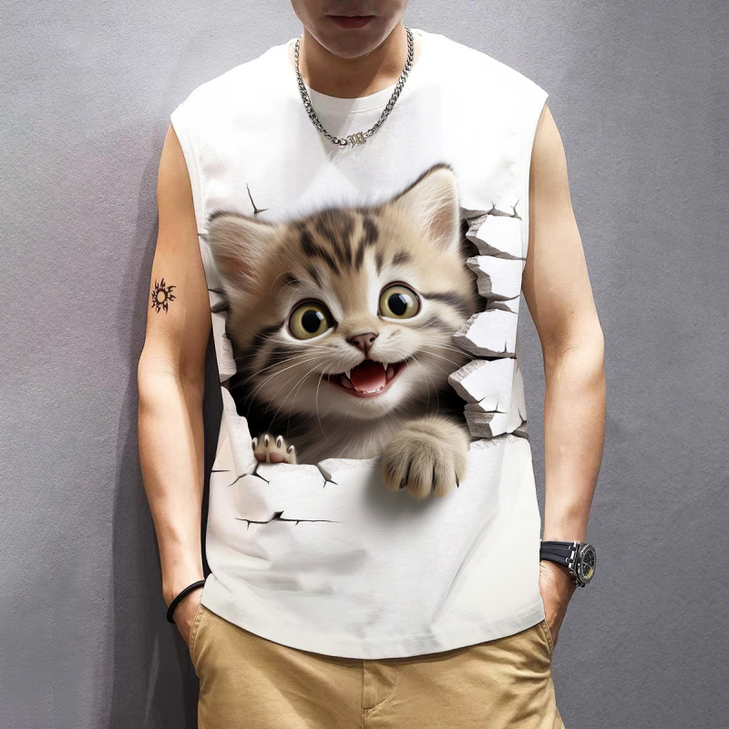 Без ръкави тениска с 3D дигитален принт, кръгло деколте, лято, дишащ плат