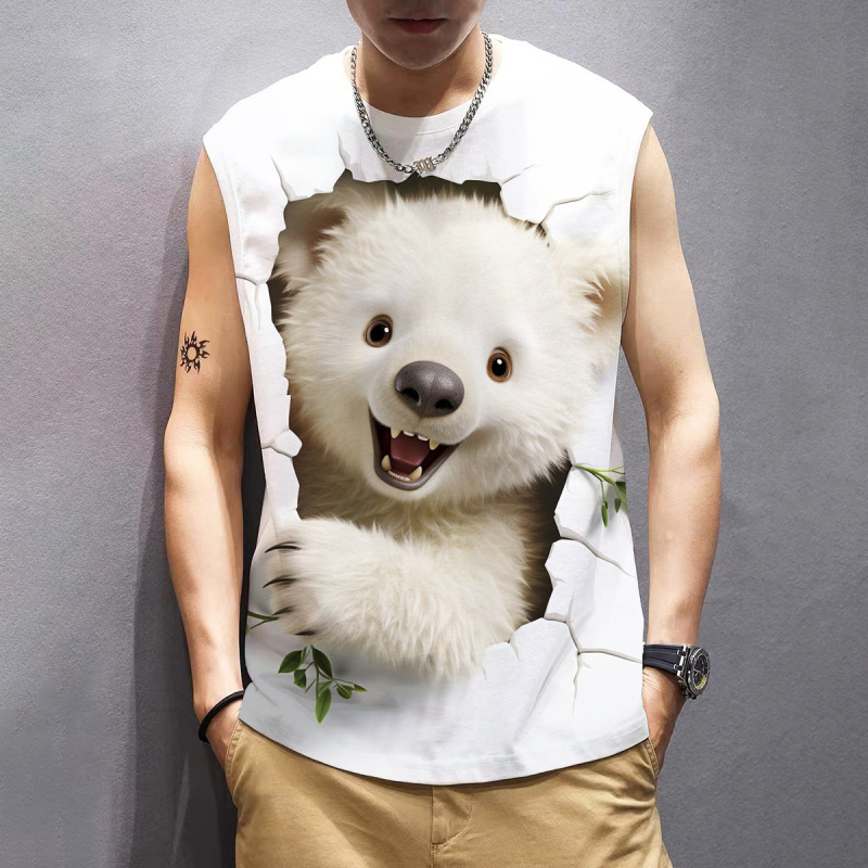 Без ръкави тениска с 3D дигитален принт, кръгло деколте, лято, дишащ плат