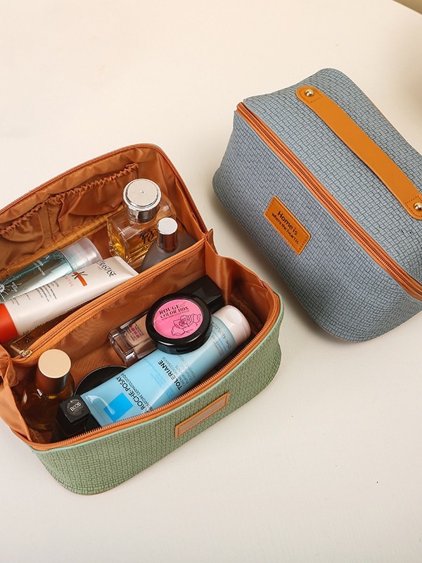 Geantă de cosmetică, din piele cu căptușeală din poliester, monocromă, stil street, rezistentă la uzură